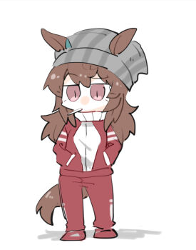 1girl animal_ears beanie beer_hsk brown_eyes brown_hair chibi ears_through_headwear full_body grey_hat hair_between_eyes hands_in_pockets hat horse_ears horse_girl horse_tail jacket long_hair mouth_hold nakayama_festa_(umamusume) pants red_jacket red_pants red_shoes shadow shoes simple_background solo standing tail track_jacket track_pants track_suit umamusume vertical-striped_hat very_long_hair white_background