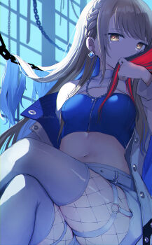 1girl azusawa_kohane braid chain commentary_request earrings fishnets highres jacket jewelry kokonotsu_9 long_hair midriff project_sekai short_shorts shorts side_braid smelling smelling_hair thighhighs