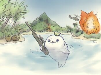 aircraft boar explosion far_cry far_cry_3 food food_on_head fruit fruit_on_head gun helicopter holding holding_gun holding_weapon kaimann laimu_(vtuber) laimu_(vtuber)_(seal) lime_(fruit) lime_slice mountain no_humans object_on_head palm_tree partially_submerged rifle seal_(animal) sniper_rifle solo_focus tongue tongue_out tree vinesauce weapon