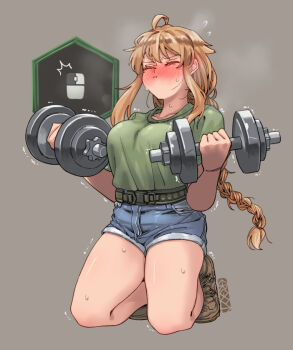 1girl ahoge belt blonde_hair blush boots braid breasts brown_boots closed_eyes collarbone computer_mouse denim denim_shorts dumbbell ergot escape_from_tarkov exercising floating_hair flying_sweatdrops furrowed_brow gameplay_mechanics green_shirt grey_background hands_up holding indie_virtual_youtuber large_breasts long_hair puffy_cheeks quick_time_event shirt shirt_tucked_in short_shorts short_sleeves shorts sidelocks signature steaming_body t-shirt thighs trembling virtual_youtuber weightlifting whiskey_project