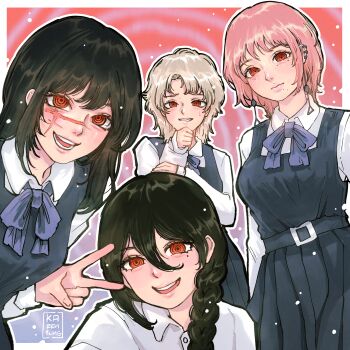 4girls absurdres black_dress black_hair chainsaw_man closed_mouth collared_shirt dress earrings facial_scar fami_(chainsaw_man) famine_devil_(chainsaw_man) fourth_east_high_school_uniform grey_hair hair_between_eyes highres jewelry karensung long_hair looking_at_viewer medium_hair mole mole_under_eye mole_under_mouth multiple_girls multiple_moles nayuta_(chainsaw_man) open_mouth pinafore_dress pink_hair red_eyes ringed_eyes scar scar_on_cheek scar_on_face scar_on_nose school_uniform shirt sleeveless sleeveless_dress teeth v white_dress white_shirt yoru_(chainsaw_man)