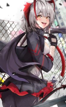 1girl akabeko123 antenna_hair arknights black_gloves black_jacket black_skirt chain-link_fence commentary_request cowboy_shot demon_tail fence fingerless_gloves gloves grey_shirt highres horns jacket layered_skirt looking_at_viewer looking_to_the_side medium_hair multicolored_hair nail_polish open_clothes open_jacket open_mouth pleated_skirt pointing pointing_up red_hair red_horns red_nails shirt skirt solo tail tongue tongue_out two-tone_hair w_(arknights) white_hair yellow_eyes