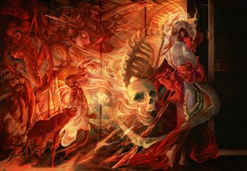 1other 2girls barefoot black_hair bound bridal_veil carriage commentary_request crying crying_with_eyes_open dog folding_screen hair_ornament hairpin hams_(tfh_arts) highres hood japanese_clothes katana kimono limbus_company long_hair long_sleeves multiple_girls obi project_moon red_eyes red_sash ryoshu_(project_moon) sash see-through_clothes shiromuku skeleton sword tears uchikake veil wataboushi weapon white_kimono wide_sleeves