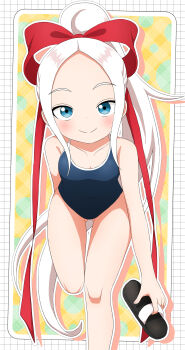 1girl absurdres blue_eyes closed_mouth forehead fudatsuki_kyouko fudatsuki_no_kyouko-chan hair_ribbon high_ponytail highres ishigakiseiya leaning_forward loli looking_at_viewer ponytail red_ribbon ribbon solo swimsuit white_hair