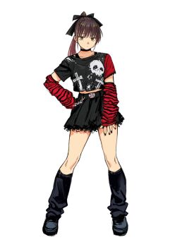 1girl arm_warmers black_arm_warmers black_bow black_choker black_leg_warmers black_nails black_shirt black_shoes black_skirt bow brown_eyes brown_hair choker closed_mouth commentary commentary_request cross full_body goth_fashion hair_bow hand_on_own_hip high_ponytail highres latin_cross leg_warmers light_frown long_hair looking_at_viewer midriff_peek multicolored_arm_warmers multicolored_shirt nail_polish ponytail print_shirt rai_rai_rai red_arm_warmers red_shirt sayama_hazuki_(rai_rai_rai) shirt shoes simple_background skirt skull solo standing striped_arm_warmers striped_sleeves white_background yoshiaki_kei