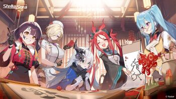 Rule 34 | 5girls, architecture, bandaged hand, bandages, black gloves, blonde hair, blue hair, bow, bowtie, braid, breasts, brown hair, calligraphy, calligraphy brush, china dress, chinese clothes, chinese paper-cut, chixia (stella sora), closed eyes, commentary, copyright name, coronis (springseek) (stella sora), coronis (stella sora), cosette (stella sora), demon horns, dragon girl, dragon tail, dress, earrings, east asian architecture, english commentary, glasses, gloves, green eyes, grey hair, hair ornament, hair over one eye, hat, highres, holding, holding calligraphy brush, holding paintbrush, horns, indoors, jacket, jewelry, jinglin (stella sora), kexue, large breasts, long hair, long sleeves, mole, mole on forehead, multiple girls, open mouth, paintbrush, purple eyes, red bow, red bowtie, red hair, red jacket, second-party source, sharp teeth, shimiao (stella sora), short sleeves, sideboob, smile, sparkle, stella sora, sweatdrop, tail, tassel, teeth, test tube, twintails, white dress, white hat, wide sleeves, x hair ornament, yellow eyes, zhongguo hua