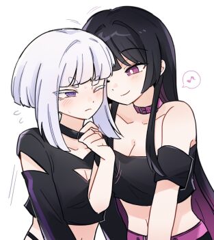 2girls black_collar black_hair black_shirt blush breasts bug choker_pull cleavage closed_mouth collar colored_inner_hair crop_top fly highres insect jattawii kurogane_otoha long_hair midriff multicolored_hair multiple_girls musical_note off_shoulder one_eye_closed purple_collar purple_eyes purple_hair rock_wa_lady_no_tashinami_deshite shiraya_tamaki shirt short_hair_with_long_locks simple_background smile spoken_musical_note sweat thick_eyebrows thick_eyelashes white_background yuri