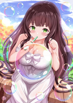bare_arms blowing_bubbles blue_sky blunt_bangs blush breasts brown_hair bubble cleavage cloud collarbone commentary_request commission day dress green_eyes highres large_breasts long_hair looking_at_viewer original outdoors pixiv_commission sidelocks sitting sky soap_bubbles very_long_hair white_dress xenon_(for_achieve)