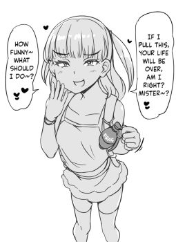 1girl abubu english_text explosive grenade greyscale loli mesugaki monochrome original solo thighhighs third-party_edit translated two_side_up white_background