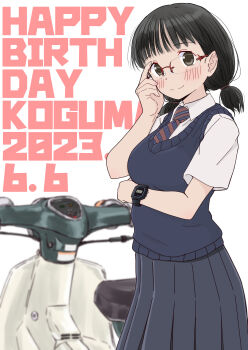 1girl absurdres alternate_hairstyle bespectacled birthday black_eyes black_hair black_skirt character_name closed_mouth commentary dated dress_shirt glasses hair_tie hand_on_own_face happy_birthday highres honda_super_cub koguma_(super_cub) looking_at_viewer low_twintails necktie pleated_skirt red-framed_eyewear red_necktie semi-rimless_eyewear shirt short_hair short_sleeves short_twintails sin_rg skirt smile solo standing super_cub text_background twintails watch white_shirt wing_collar wristwatch