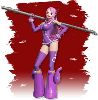 1girl 3d boots breasts curvy egghead_island female_focus full_body gloves hand_on_own_hip headphones highres industrial_pipe jewelry_bonney large_breasts lipstick long_hair looking_at_viewer makeup official_art one_piece one_piece:_pirate_warriors_4 piercing pink_hair purple_eyes solo thighhighs