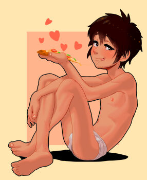 1boy barefoot big_hero_6 blush border food gachi_shotacon highres hiro_hamada holding holding_food male_focus nipples pizza pizza_slice shota sitting solo tongue tongue_out underwear underwear_only