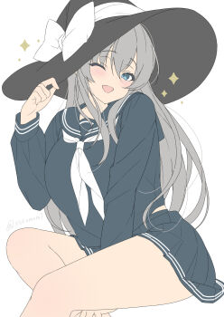 1girl ;d between_legs black_hat blue_eyes blue_sailor_collar blue_serafuku blue_shirt blue_skirt emily_(pure_dream) grey_hair hair_between_eyes hand_between_legs hat hat_ribbon highres long_hair long_sleeves one_eye_closed open_mouth original pleated_skirt ribbon sailor_collar school_uniform serafuku shirt sidelocks simple_background sitting skirt smile solo thighs twitter_username white_background white_ribbon witch_hat