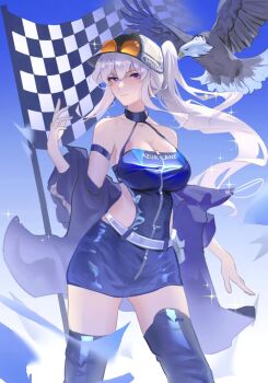 1girl azur_lane bald_eagle bare_shoulders belt bird blue_sky blush breasts checkered_flag chinese_commentary cleavage clothes_writing commentary cowboy_shot day dress eagle enterprise_(azur_lane) enterprise_(wind_catcher)_(azur_lane) eyewear_on_headwear flag grim_(azur_lane) hair_through_headwear halter_dress halterneck hand_up hat he_jiu highres large_breasts latex latex_dress long_hair looking_at_viewer official_alternate_costume orange-tinted_eyewear outdoors ponytail purple_eyes race_queen skindentation sky sparkle standing sunglasses thighhighs thighs tinted_eyewear very_long_hair white_belt white_hair zettai_ryouiki zipper zipper_dress zipper_pull_tab