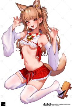 1girl :d animal_ear_fluff animal_ears armpit_crease armpits bare_shoulders bell blunt_bangs blush breasts brown_hair character_request copyright_request crop_top detached_sleeves eyelashes feet fox_ears fox_girl fox_tail frilled_skirt frills full_body geta hair_bell hair_ornament highres legs long_hair looking_at_viewer nanja navel neck_bell nontraditional_miko on_ground open_mouth pleated_skirt red_eyes sandals sidelocks sitting skindentation skirt smile solo stomach tabi tail thighhighs thighs toes underboob watermark white_thighhighs wide_sleeves