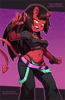 Rule 34 | 1girl, artist name, breasts, character name, colored skin, demon girl, english text, fishnet sleeves, fishnets, gradient background, highres, horns, jacket, medium breasts, meruccubus (merunyaa), navel, navel piercing, open mouth, original, panties, pants, piercing, pink background, pointy ears, polka dot, polka dot background, purple background, red skin, smile, sportswear, suspenders, tail, the other half, underwear, v, yellow eyes