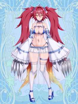 1girl beads bikini black_choker blue_background blue_bikini blue_shoes breasts choker claws cleavage cocytus_(wind_master) dairoku_ryouhei detached_sleeves full_body hair_between_eyes high_heels long_hair long_sleeves looking_at_viewer medium_breasts miniskirt navel red_hair shishigami_nagflaru shoes skirt smile solo standing swimsuit thigh_strap thighhighs twintails very_long_hair white_thighhighs yellow_eyes