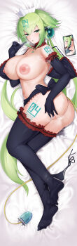 1girl absurdres alba_note019 arm_tattoo armpits ass black_bow black_gloves black_panties black_thighhighs blush bombergirl bow breasts cellphone cleft_of_venus collar commentary_request crown dakimakura_(medium) detached_collar elbow_gloves emera_(bombergirl) frilled_gloves frilled_thighhighs frills full_body gloves green_eyes green_hair hair_between_eyes half-spread_pussy highres large_breasts led leg_tattoo long_hair looking_at_viewer lying navel nipples no_shoes number_tattoo on_side open_mouth panties panties_around_leg phone pussy pussy_juice red_collar smartphone soles solo spread_armpit spread_pussy spreading_own_pussy tattoo thighhighs twintails uncensored underwear very_long_hair waist_bow