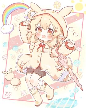 1girl ahoge alternate_costume animal_hood black_bloomers blonde_hair bloomers blush boots chibi dodoco_(genshin_impact) genshin_impact heart highres hood hood_up jacket jumping klee_(genshin_impact) long_pointy_ears long_sleeves medium_hair open_mouth partially_open_jacket pink_umbrella pointy_ears puddle rabbit_hood rainbow red_eyes socks umbrella underwear white_socks yuu_neconouti