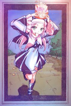 1girl arms_up bag_of_chips blue_boots blue_dress boku_wa_tomodachi_ga_sukunai boots border capelet chips_(food) commentary_request dress food food_in_mouth full_body green_hair highres jewelry key key_necklace long_hair long_sleeves looking_at_viewer necklace nun official_artist_extra outdoors potato_chips road running solo takayama_maria watanabe_yoshihiro white_capelet wide_sleeves