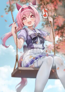 1girl absurdres animal_ears autumn_leaves blurry blurry_background blush bow bowtie cloud cloudy_sky commentary_request day ear_bow ear_covers falling_leaves haru_urara_(umamusume) headband highres horse_ears horse_girl horseshoe_ornament leaf looking_at_viewer musical_note on_swing open_mouth pink_eyes pink_hair pink_headband pleated_skirt ponytail puffy_short_sleeves puffy_sleeves purple_bow purple_bowtie purple_shirt renard_(pixiv_13710050) school_uniform shirt short_sleeves skirt sky smile solo spoken_musical_note swing thighhighs tracen_school_uniform umamusume white_bow white_skirt white_thighhighs