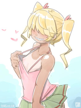 1girl blonde_hair blue_background blush camisole camisole_pull clothes_pull cowboy_shot dated flashing flat_chest green_skirt grin heart highres itini-sanshi medium_hair nipples no_bra original pink_camisole pleated_skirt sharp_teeth skirt smile solo tan tanline teeth twintails white_background