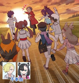 &gt;_&lt; +++ 4girls 5boys :d absurdres arm_up bag beanie bow brown_hair brown_hat brown_shoes clenched_hand clenched_hands cloud coat commentary_request double_bun emphasis_lines gen_5_pokemon gladion_(academy)_(pokemon) gladion_(pokemon) grass grey_jacket hair_bow hair_bun hair_rings hand_up hat highres hugh_(academy)_(pokemon) iris_(academy)_(pokemon) iris_(pokemon) jacket jasmine_(pokemon) kabu_(pokemon) kneepits leg_up long_hair looking_at_another looking_back marnie_(academy)_(pokemon) marnie_(pokemon) multiple_boys multiple_girls nintendo not_present official_alternate_costume open_clothes open_coat open_mouth outdoors pants pignite pointing pokemoa pokemon pokemon_(creature) pokemon_masters_ex purple_hair purple_scarf red_coat rei_(academy)_(pokemon) rei_(pokemon) rosa_(academy)_(pokemon) rosa_(pokemon) running scarf school_uniform shirt shoes short_hair shoulder_bag sky smile socks standing sun sunset sweatdrop twilight twintails two_side_up vest white_socks