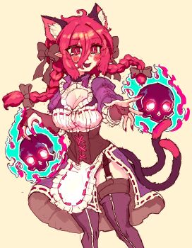 1girl alternate_costume animal_ears blush braid breasts cat_ears cat_girl cat_tail cleavage extra_ears fang hair_between_eyes highres hitodama kaenbyou_rin long_hair medium_breasts multiple_tails open_mouth rampa93 red_eyes red_hair side_braids skull slit_pupils smile solo tail thigh_strap thighhighs touhou twin_braids two_tails yellow_background