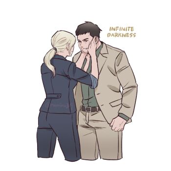 1boy 1girl beard_stubble belt blonde_hair blue_eyes blue_suit brown_hair brown_suit caressing_cheek chris_redfield couple facial_hair formal_clothes grey_shirt hands_on_another's_face highres jill_valentine muscular muscular_male namiru319 ponytail resident_evil resident_evil:_infinite_darkness resident_evil:_revelations resident_evil_5 shirt short_hair short_ponytail standing stubble suit