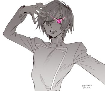 Rule 34 | 1boy, 2026, artist name, clenched teeth, code geass, conto, furrowed brow, geass, hair between eyes, hand on own head, heterochromia, jacket, lelouch vi britannia, long sleeves, looking at viewer, male focus, monochrome, pink eyes, short hair, solo, spot color, teeth, upper body, white background