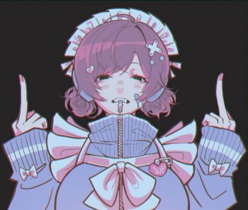 1girl ahoge apron bandaid bandaid_on_face black_background black_survival blue_jacket breasts eternal_return:_black_survival hair_ornament hands_up highres jacket jersey_maid legendary_super_saiyan maid maid_headdress medium_breasts middle_finger mouth_hold nia_heller purple_hair shironism short_hair simple_background sleeves_past_wrists solo super_saiyan twintails unconventional_maid white_apron white_background x_hair_ornament zipper_in_mouth