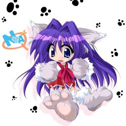 1girl 2000s_(style) animal_ears animal_feet animal_hands animated animated_gif bad_id blinking blue_eyes bow bowtie cat_ears cat_girl chibi chibi_only fang full_body hair_intakes kanon kemonomimi_mode kizuki_erika long_hair looking_down looping_animation lowres minase_nayuki nyan open_mouth paw_print paw_print_background red_bow red_bowtie red_skirt shirt simple_background skirt solo very_long_hair white_background white_shirt