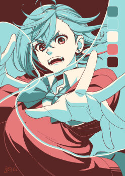 1girl absurdres aqua_bow aqua_bowtie aqua_hair ayase_momo black_choker bow bowtie breasts choker collared_shirt commentary crossed_bangs dandadan earrings fighting_stance floating_earrings hair_behind_ear hair_between_eyes highres jewelry kami_high_school_uniform large_breasts long_sleeves looking_at_viewer loose_bowtie opabiniachu open_hand open_mouth outstretched_hand pink_sweater school_uniform shirt short_hair solo sweater upper_body v-shaped_eyebrows