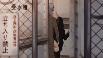 1boy 1girl age_difference aged_up animated animated_gif brown_hair clothed_sex clothes doggystyle grabbing_from_behind kosokosomaru_(higashi_taishi) long_hair old old_man original panties panties_around_leg school_uniform sex sex_from_behind size_difference underwear voyeur_pov voyeurism