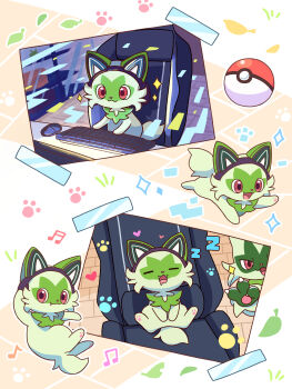 absurdres chair claws closed_eyes commentary_request computer_keyboard computer_mouse fangs floragato grass headphones highres indoors leaf musical_note neko_gyoza nintendo open_mouth paw_print photo_(object) pink_eyes poke_ball poke_ball_(basic) pokemon pokemon_(creature) pokemon_focus sleeping smile sprigatito star_(symbol) table tape zzz