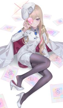 1girl absurdres beret black_pantyhose blonde_hair blonde_student_council_president_(blue_archive) blue_archive commentary_request epaulettes gem halo hat high_heels highres holding holding_gem long_hair looking_at_viewer multicolored_hair multicolored_halo pantyhose purple_eyes red_hair red_halo shortofsugar single_epaulette smile solo streaked_hair two-tone_hair two-tone_halo white_hat yellow_halo