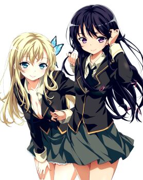 2girls ahoge black_hair black_socks blonde_hair blue_eyes blush boku_wa_tomodachi_ga_sukunai breasts cleavage green_jacket green_skirt hair_ornament hairclip highres jacket kashiwazaki_sena kneehighs large_breasts long_hair long_sleeves looking_at_viewer mikazuki_yozora miniskirt multiple_girls necktie official_art purple_eyes school_uniform simple_background skirt small_breasts socks watanabe_yoshihiro