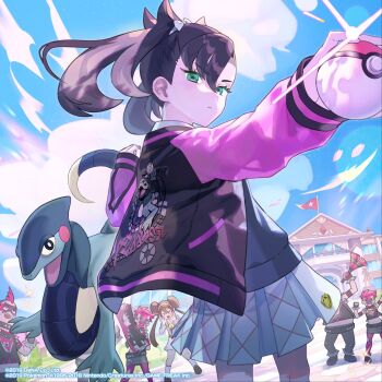 >_< 2boys 4girls artist_request asymmetrical_bangs belt black_hair black_nails blue_sky bow bracelet brown_hair building cheering closed_mouth cloud collar crop_top cyclizar day facepaint glint green_eyes hair_bow highres holding holding_poke_ball jacket jewelry leggings marnie_(academy)_(pokemon) marnie_(pokemon) miniskirt mohawk multicolored_jacket multiple_boys multiple_girls nintendo official_art outdoors pants pink_hair poke_ball poke_ball_(basic) pokemon pokemon_(creature) pokemon_masters_ex pokemon_swsh rosa_(academy)_(pokemon) rosa_(pokemon) school skirt sky spiked_bracelet spiked_collar spikes team_yell team_yell_grunt torn_clothes torn_leggings twintails v-shaped_eyebrows white_bow