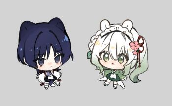 1boy 1girl alternate_costume animal_ears apron arms_at_sides black_hair black_sandals black_shorts blunt_ends cat_boy cat_ears cat_tail chibi closed_mouth commentary_request crossdressing crossdressing_(mtf) flower genshin_impact gimmunyag gradient_hair green_eyes green_hair green_kimono green_skirt grey_background grey_eyes hair_between_eyes hair_flower hair_ornament hakama hakama_shorts half_crown_braid highres japanese_clothes kimono kimono_skirt korean_commentary layered_sleeves leaf leaf_hair_ornament leg_warmers light_blush long_hair long_sleeves looking_at_viewer maid maid_headdress male_maid multicolored_hair nahida_(genshin_impact) open_mouth outstretched_arms pink_flower pleated_shorts pleated_skirt purple_kimono rabbit_ears rabbit_girl sandals scaramouche_(genshin_impact) scaramouche_(kabukimono)_(genshin_impact) shorts side_ponytail sidelocks skirt spread_arms tabi tail tassel toeless_legwear wa_maid waist_apron white_apron white_hair white_headdress white_leg_warmers white_sleeves wide_sleeves wispy_bangs