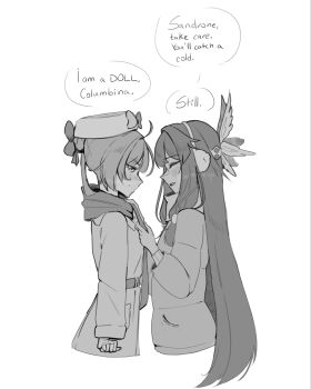 2girls ahoge alternate_costume belt blunt_bangs blush clenched_hand closed_eyes closed_mouth coat columbina_(genshin_impact) commentary doll_joints earmuffs english_commentary english_text feathered_wings genshin_impact greyscale hair_between_eyes hair_bun hair_ornament hands_up hat head_wings highres joints lapels long_hair long_sleeves looking_at_another monochrome multiple_girls multiple_wings open_mouth pocket puffy_long_sleeves puffy_sleeves red_hat sandrone_(genshin_impact) scarf short_hair_with_long_locks sidelocks simple_background smile speech_bubble wide_sleeves wings wonneqo yuri