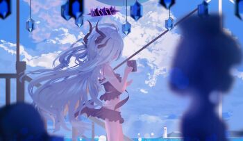 1girl alternate_costume bikini black_bikini black_horns blue_archive blue_sky chinese_commentary cloud cloudy_sky commentary_request cowboy_shot cup depressed facing_away frilled_bikini frills from_side halo highres hina_(blue_archive) holding holding_cup horns lens_flare long_hair looking_afar ocean outdoors purple_halo qian_he_shui_cheng sky solo standing swimsuit white_hair