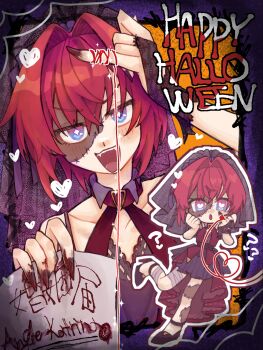 Rule 34 | + +, 0no00on, 1girl, :d, :o, ?, adapted costume, ange katrina, ange katrina (3rd costume), ankle strap, arm up, bandaged leg, bandages, black bridal gauntlets, black shoes, black veil, blood, blood on hands, blue eyes, blush, border, bridal gauntlets, bridal veil, bright pupils, character name, collarbone, collared dress, colored skin, commentary, crossed bangs, dark skin, dress, english commentary, english text, fangs, fingernails, hair between eyes, hair intakes, halter dress, halterneck, hand up, hands on own cheeks, hands on own face, hands up, happy halloween, heart, heart-shaped pupils, high heels, highres, holding, holding paper, jitome, lace bridal gauntlets, leg up, looking at viewer, mixed-language text, multicolored eyes, multicolored skin, multiple views, nijisanji, open mouth, orange background, outside border, paper, purple border, purple eyes, red dress, red hair, sharp fingernails, shoes, short dress, short hair, single bridal gauntlet, sleeveless, sleeveless dress, smile, stitched face, stitches, string, string of fate, symbol-shaped pupils, translation request, two-tone eyes, two-tone skin, v-shaped eyebrows, veil, virtual youtuber, white pupils