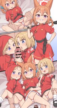 1boy 3girls :o adversarial_noise animal_ear_fluff bar_censor bed_sheet bikini black_footwear black_tortoise_promenade_member_(sg)_(blue_archive) blonde_hair blue_archive blue_eyes blush braid braided_hair_rings brown_hair censored china_dress chinese_clothes closed_mouth clothes_lift cooperative_fellatio crossed_bangs cum cum_on_body cum_on_stomach dress dress_lift erection fang fellatio hair_between_eyes hair_bobbles hair_ornament hair_rings halo hand_on_own_hip hand_up handjob harem hetero highleg highleg_bikini highres holding kanabun leg_grab leg_up licking licking_penis lifting_own_clothes loli long_sleeves looking_at_penis looking_at_viewer looking_down lying multicolored_bikini multiple_girls multiple_views nose_blush on_back open_mouth oral orange_hair parted_lips penis penis_grab pov purple_eyes pussy red_bikini red_dress red_halo rumi_(blue_archive) rumi_(small)_(blue_archive) short_dress short_puffy_sleeves skin_fang small_sweatdrop socks split_mouth spread_legs spread_pussy spread_pussy_under_clothes string_bikini swimsuit teamwork_(sexual) tongue tongue_out twin_braids two-tone_bikini variant_set wavy_mouth white_bikini white_socks