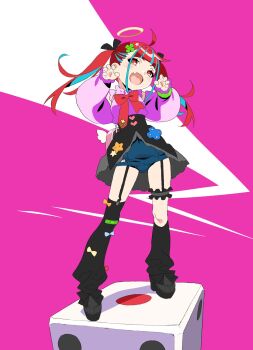 1girl blue_hair claw_pose commentary_request dice flat_chest frilled_thigh_strap full_body garter_straps halo heart heart-shaped_pupils highres long_hair loose_socks multicolored_hair one-piece_swimsuit open_mouth original red_eyes red_hair school_swimsuit skirt smile socks solo swimsuit swimsuit_under_clothes symbol-shaped_pupils thigh_strap twintails two-tone_hair watanabe_akio