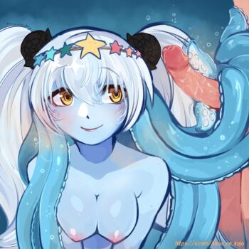 Rule 34 | 1boy, 1girl, anna no kojo, black souls, black souls 2, blue hair, blush, breasts, bubble, colored skin, hair between eyes, hair ornament, hat, highres, kuti (black souls), large breasts, long hair, monster girl, nipples, penis, scylla, shell, shell hair ornament, smile, star (symbol), tentacle hair, tentacle sex, tentacles, tentacles on male, twintails, twitter username, uncensored, underwater, underwater sex, very long hair, white hair, white skin, yellow eyes