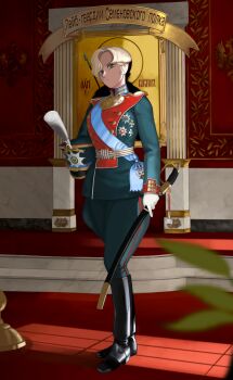 1girl army black_boots blonde_hair boots brown_eyes closed_mouth epaulettes full_body gloves gorget green_jacket hat highres holding holding_sword holding_unworn_clothes holding_unworn_hat holding_weapon imperial_russian_army jacket katyusha_(98269886) long_sleeves looking_at_viewer medal military military_hat military_jacket military_uniform original polearm russia russian_empire russian_text saber_(weapon) semyonovsky_life_guards_regiment shako_cap shashka short_hair solo spear sword sword_knot tassel two-headed_eagle unworn_hat unworn_headwear weapon white_gloves world_war_i