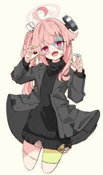 1girl :o absurdres ahoge black_jacket black_sweater blue_archive blush bright_pupils claw_pose commentary cosplay cowboy_shot cropped_legs frankenstein&#039;s_monster frankenstein&#039;s_monster_(cosplay) hair_between_eyes hair_intakes halloween_costume halo hands_up highres jacket kanikama_acedia long_hair long_sleeves natsu_(blue_archive) natsu_(halloween)_(blue_archive) object_through_head official_alternate_costume open_clothes open_jacket open_mouth pink_hair pink_halo red_eyes ribbed_sweater screw_in_head side_ponytail sidelocks simple_background solo stitched_face stitched_hand stitched_leg stitches sweater teeth tongue turtleneck turtleneck_sweater white_background white_pupils