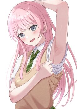 Rule 34 | 1girl, absurdres, arm behind head, arm up, armpit focus, armpits, azakura (beniyomogi), bang dream!, bang dream! it's mygo!!!!!, blush, brown sweater vest, chihaya anon, collared shirt, commentary request, diagonal-striped clothes, diagonal-striped necktie, fang, green necktie, grey eyes, highres, long hair, looking at viewer, necktie, open mouth, pink hair, presenting armpit, raised inner eyebrows, school uniform, shirt, short sleeves, simple background, sleeve pull, solo, straight hair, striped clothes, sweater vest, upper body, variant set, white background, white shirt, wing collar