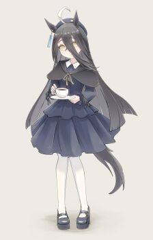 1girl absurdres ahoge animal_ears beret black_capelet black_hair blue_dress capelet closed_mouth coffee cup dress ear_tag earrings hair_between_eyes hat highres holding holding_cup holding_saucer horse_ears horse_girl horse_tail jewelry long_bangs long_hair long_hair_between_eyes long_sleeves looking_at_viewer manhattan_cafe_(umamusume) multicolored_hair pantyhose re1m1 saucer shoes simple_background single_earring smile solo tail umamusume very_long_hair white_hair white_pantyhose yellow_eyes