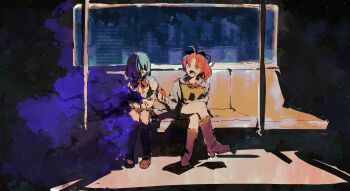 Rule 34 | 2girls, absurdres, apple, aura, bag, blue eyes, blue hair, boots, bow, bowtie, commentary, corruption, crossed legs, dark aura, english commentary, facing viewer, food, fruit, full body, heterochromia, highres, holding, holding food, holding fruit, knee boots, long hair, mahou shoujo madoka magica, miki sayaka, mitakihara school uniform, multiple girls, night, no nose, open mouth, partially shaded face, red bow, red bowtie, red eyes, red hair, sakura kyoko, school uniform, short hair, sitting, tearing up, train interior, wide shot, window, xenoee